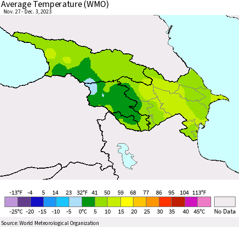 Azerbaijan, Armenia and Georgia Average Temperature (WMO) Thematic Map For 11/27/2023 - 12/3/2023