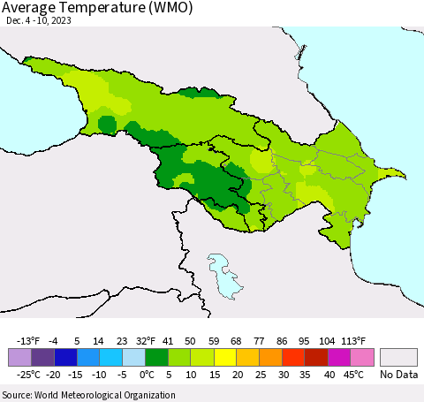 Azerbaijan, Armenia and Georgia Average Temperature (WMO) Thematic Map For 12/4/2023 - 12/10/2023