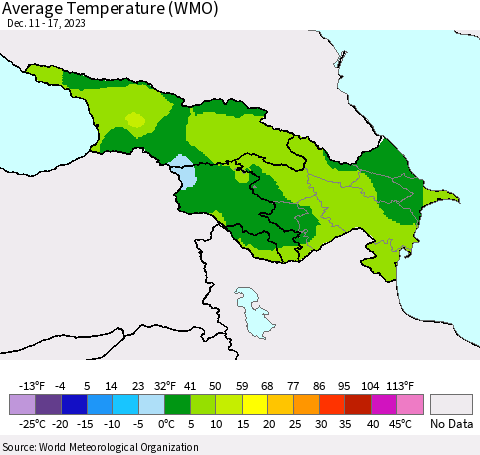 Azerbaijan, Armenia and Georgia Average Temperature (WMO) Thematic Map For 12/11/2023 - 12/17/2023