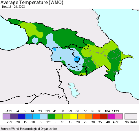 Azerbaijan, Armenia and Georgia Average Temperature (WMO) Thematic Map For 12/18/2023 - 12/24/2023
