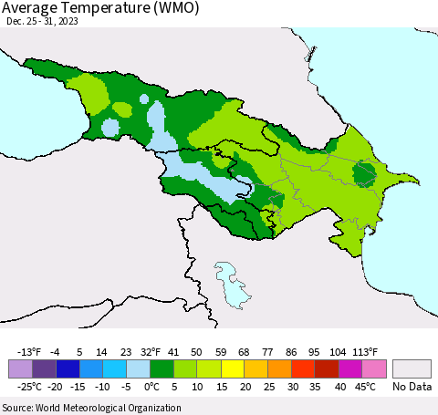 Azerbaijan, Armenia and Georgia Average Temperature (WMO) Thematic Map For 12/25/2023 - 12/31/2023