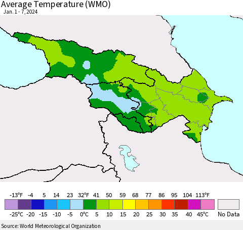 Azerbaijan, Armenia and Georgia Average Temperature (WMO) Thematic Map For 1/1/2024 - 1/7/2024