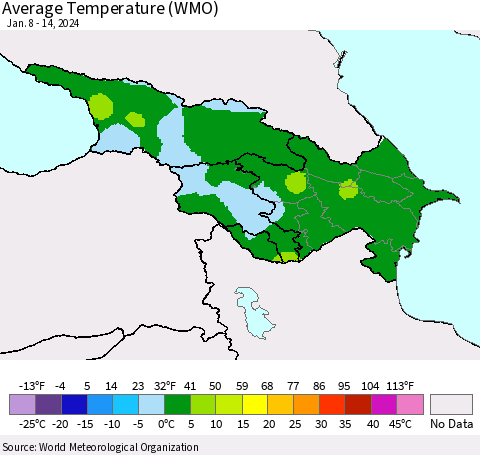 Azerbaijan, Armenia and Georgia Average Temperature (WMO) Thematic Map For 1/8/2024 - 1/14/2024