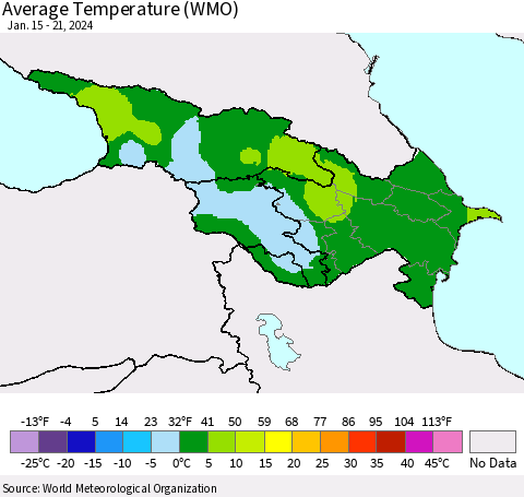 Azerbaijan, Armenia and Georgia Average Temperature (WMO) Thematic Map For 1/15/2024 - 1/21/2024