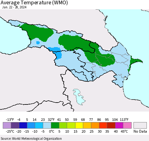 Azerbaijan, Armenia and Georgia Average Temperature (WMO) Thematic Map For 1/22/2024 - 1/28/2024