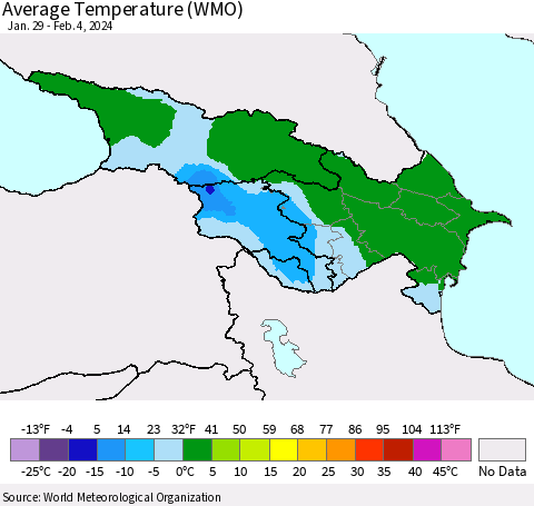 Azerbaijan, Armenia and Georgia Average Temperature (WMO) Thematic Map For 1/29/2024 - 2/4/2024