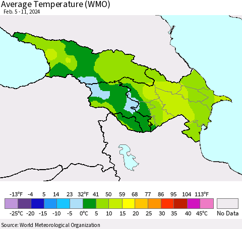 Azerbaijan, Armenia and Georgia Average Temperature (WMO) Thematic Map For 2/5/2024 - 2/11/2024