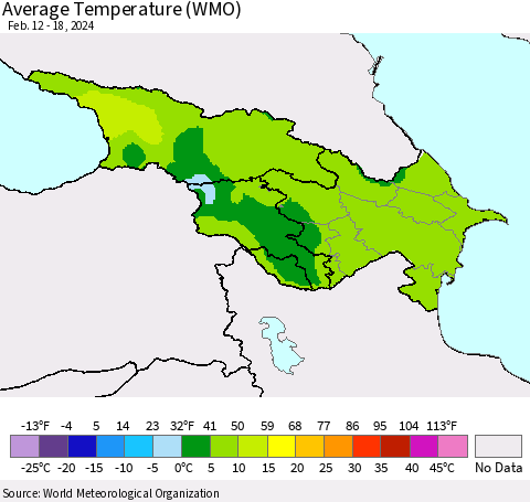 Azerbaijan, Armenia and Georgia Average Temperature (WMO) Thematic Map For 2/12/2024 - 2/18/2024