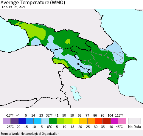 Azerbaijan, Armenia and Georgia Average Temperature (WMO) Thematic Map For 2/19/2024 - 2/25/2024
