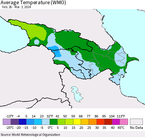 Azerbaijan, Armenia and Georgia Average Temperature (WMO) Thematic Map For 2/26/2024 - 3/3/2024