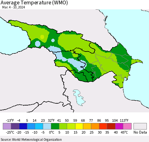 Azerbaijan, Armenia and Georgia Average Temperature (WMO) Thematic Map For 3/4/2024 - 3/10/2024