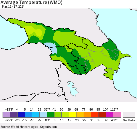 Azerbaijan, Armenia and Georgia Average Temperature (WMO) Thematic Map For 3/11/2024 - 3/17/2024