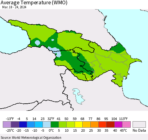 Azerbaijan, Armenia and Georgia Average Temperature (WMO) Thematic Map For 3/18/2024 - 3/24/2024