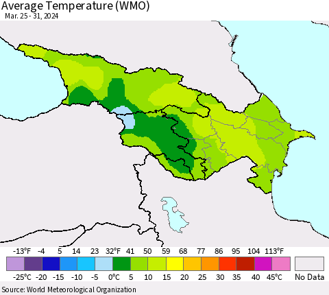 Azerbaijan, Armenia and Georgia Average Temperature (WMO) Thematic Map For 3/25/2024 - 3/31/2024