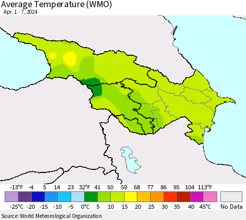 Azerbaijan, Armenia and Georgia Average Temperature (WMO) Thematic Map For 4/1/2024 - 4/7/2024