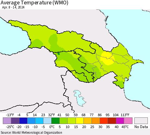 Azerbaijan, Armenia and Georgia Average Temperature (WMO) Thematic Map For 4/8/2024 - 4/14/2024