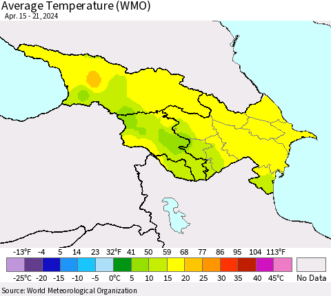 Azerbaijan, Armenia and Georgia Average Temperature (WMO) Thematic Map For 4/15/2024 - 4/21/2024
