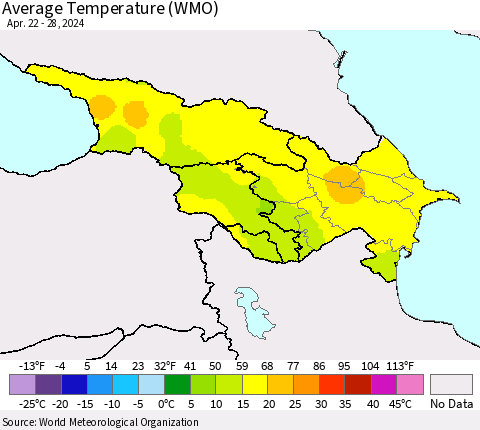 Azerbaijan, Armenia and Georgia Average Temperature (WMO) Thematic Map For 4/22/2024 - 4/28/2024