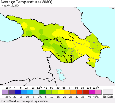 Azerbaijan, Armenia and Georgia Average Temperature (WMO) Thematic Map For 5/6/2024 - 5/12/2024