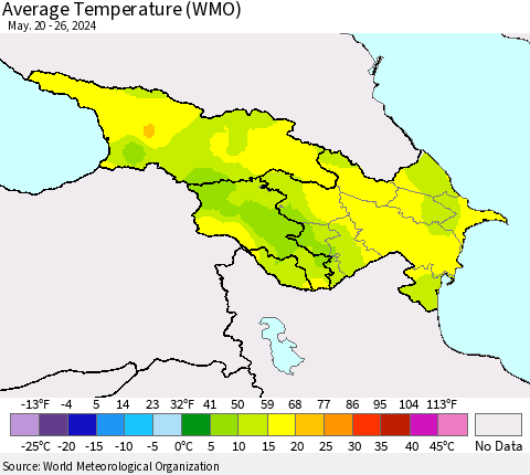 Azerbaijan, Armenia and Georgia Average Temperature (WMO) Thematic Map For 5/20/2024 - 5/26/2024