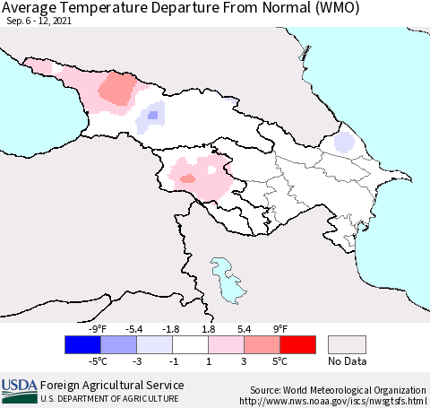 Azerbaijan, Armenia and Georgia Average Temperature Departure from Normal (WMO) Thematic Map For 9/6/2021 - 9/12/2021