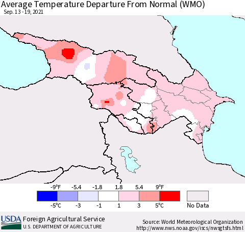 Azerbaijan, Armenia and Georgia Average Temperature Departure from Normal (WMO) Thematic Map For 9/13/2021 - 9/19/2021