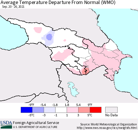 Azerbaijan, Armenia and Georgia Average Temperature Departure from Normal (WMO) Thematic Map For 9/20/2021 - 9/26/2021