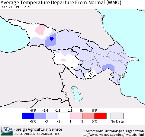 Azerbaijan, Armenia and Georgia Average Temperature Departure from Normal (WMO) Thematic Map For 9/27/2021 - 10/3/2021