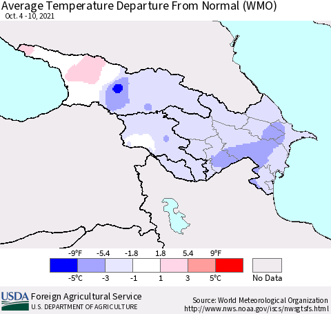 Azerbaijan, Armenia and Georgia Average Temperature Departure from Normal (WMO) Thematic Map For 10/4/2021 - 10/10/2021