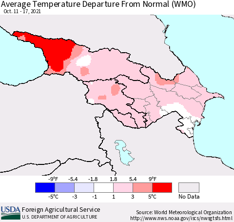 Azerbaijan, Armenia and Georgia Average Temperature Departure from Normal (WMO) Thematic Map For 10/11/2021 - 10/17/2021