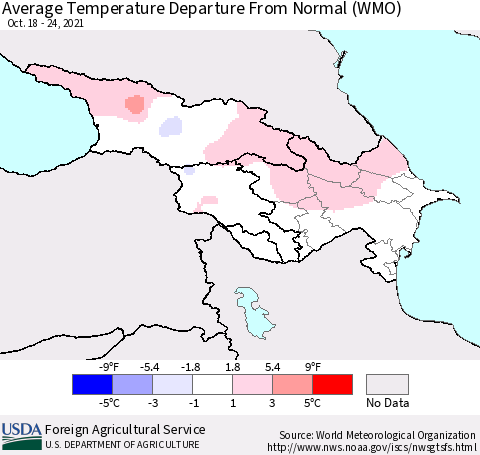 Azerbaijan, Armenia and Georgia Average Temperature Departure from Normal (WMO) Thematic Map For 10/18/2021 - 10/24/2021