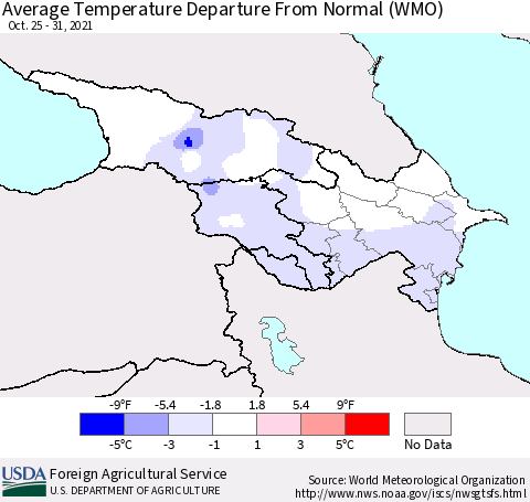 Azerbaijan, Armenia and Georgia Average Temperature Departure from Normal (WMO) Thematic Map For 10/25/2021 - 10/31/2021