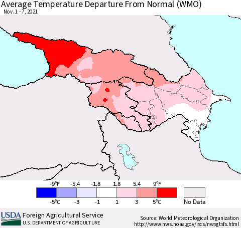 Azerbaijan, Armenia and Georgia Average Temperature Departure from Normal (WMO) Thematic Map For 11/1/2021 - 11/7/2021