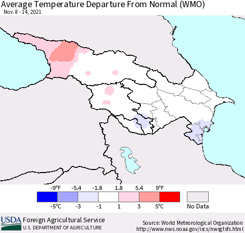 Azerbaijan, Armenia and Georgia Average Temperature Departure from Normal (WMO) Thematic Map For 11/8/2021 - 11/14/2021