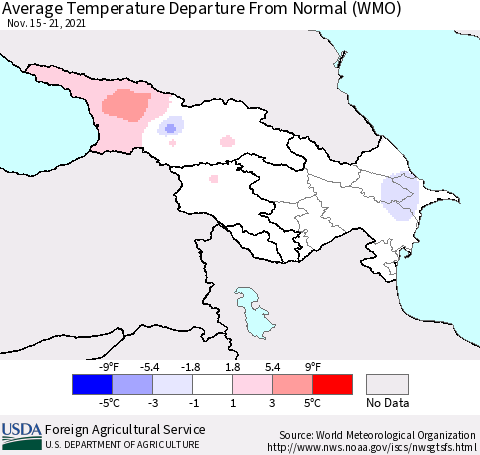 Azerbaijan, Armenia and Georgia Average Temperature Departure from Normal (WMO) Thematic Map For 11/15/2021 - 11/21/2021