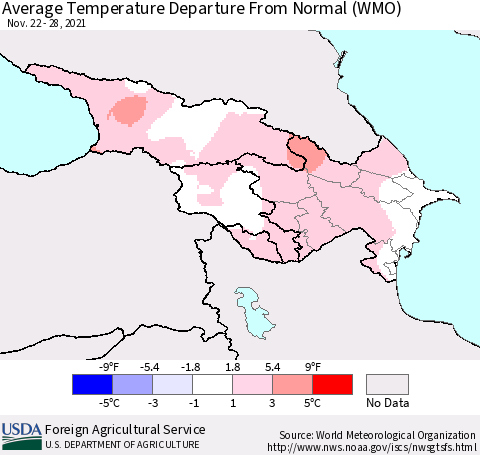 Azerbaijan, Armenia and Georgia Average Temperature Departure from Normal (WMO) Thematic Map For 11/22/2021 - 11/28/2021