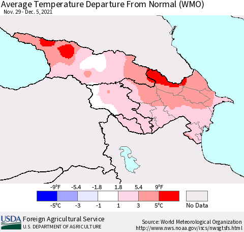 Azerbaijan, Armenia and Georgia Average Temperature Departure from Normal (WMO) Thematic Map For 11/29/2021 - 12/5/2021