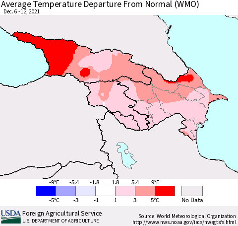 Azerbaijan, Armenia and Georgia Average Temperature Departure from Normal (WMO) Thematic Map For 12/6/2021 - 12/12/2021
