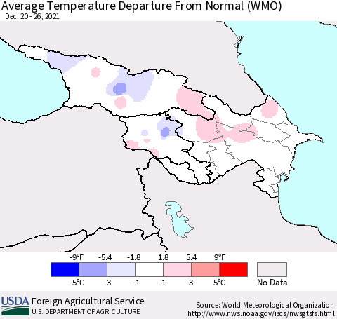 Azerbaijan, Armenia and Georgia Average Temperature Departure from Normal (WMO) Thematic Map For 12/20/2021 - 12/26/2021