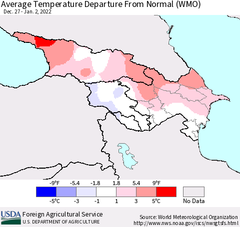 Azerbaijan, Armenia and Georgia Average Temperature Departure from Normal (WMO) Thematic Map For 12/27/2021 - 1/2/2022