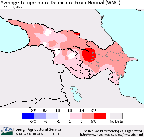 Azerbaijan, Armenia and Georgia Average Temperature Departure from Normal (WMO) Thematic Map For 1/3/2022 - 1/9/2022