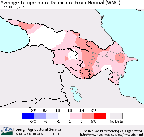 Azerbaijan, Armenia and Georgia Average Temperature Departure from Normal (WMO) Thematic Map For 1/10/2022 - 1/16/2022