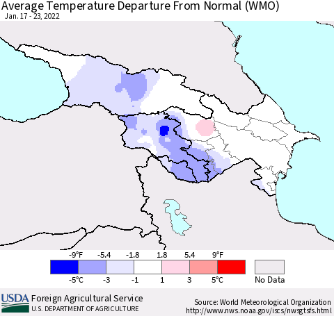 Azerbaijan, Armenia and Georgia Average Temperature Departure from Normal (WMO) Thematic Map For 1/17/2022 - 1/23/2022