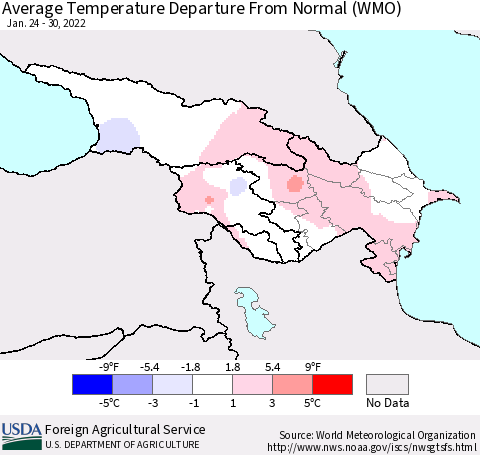 Azerbaijan, Armenia and Georgia Average Temperature Departure from Normal (WMO) Thematic Map For 1/24/2022 - 1/30/2022