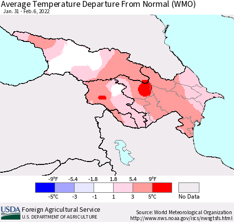 Azerbaijan, Armenia and Georgia Average Temperature Departure from Normal (WMO) Thematic Map For 1/31/2022 - 2/6/2022