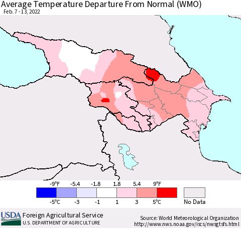 Azerbaijan, Armenia and Georgia Average Temperature Departure from Normal (WMO) Thematic Map For 2/7/2022 - 2/13/2022