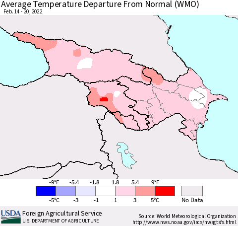 Azerbaijan, Armenia and Georgia Average Temperature Departure from Normal (WMO) Thematic Map For 2/14/2022 - 2/20/2022