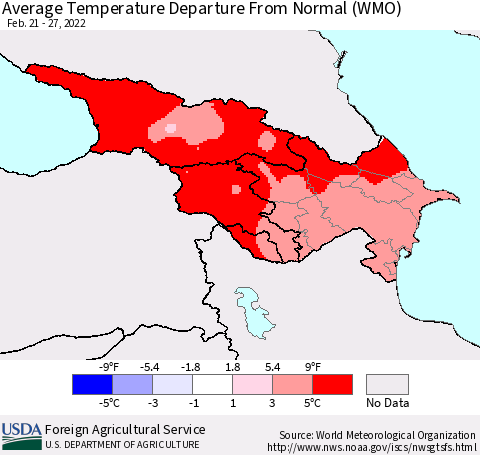 Azerbaijan, Armenia and Georgia Average Temperature Departure from Normal (WMO) Thematic Map For 2/21/2022 - 2/27/2022