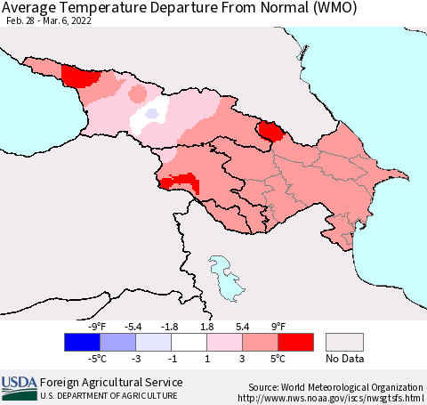 Azerbaijan, Armenia and Georgia Average Temperature Departure from Normal (WMO) Thematic Map For 2/28/2022 - 3/6/2022