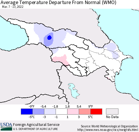 Azerbaijan, Armenia and Georgia Average Temperature Departure from Normal (WMO) Thematic Map For 3/7/2022 - 3/13/2022